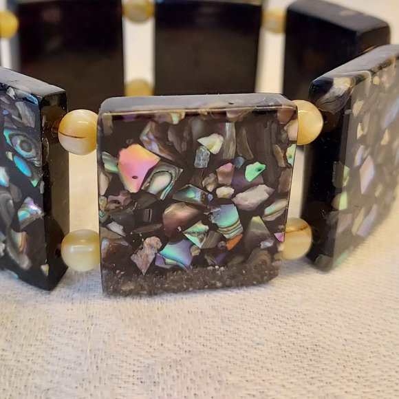Vintage 1950's mosaic Abalone & mother of peal black block bracelet - Picture 2 of 9